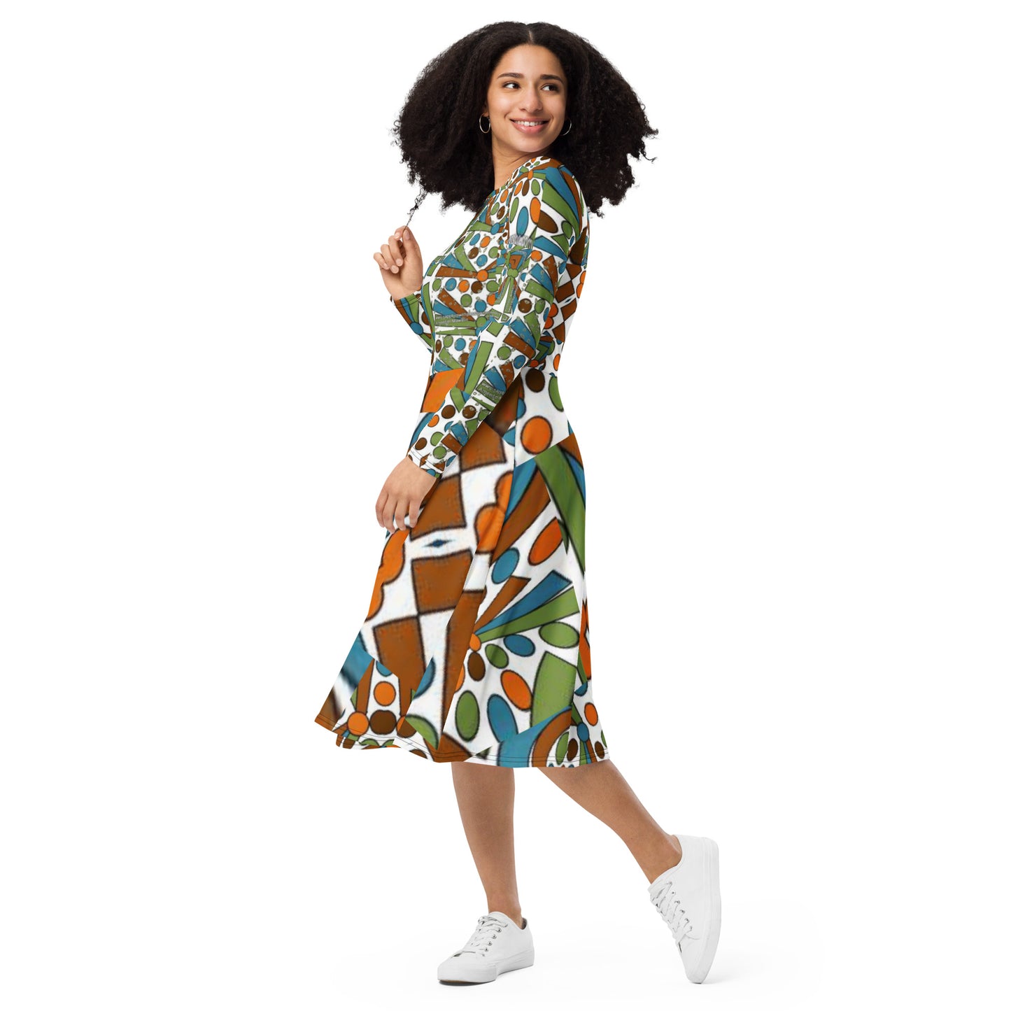 All-over print long sleeve midi dress