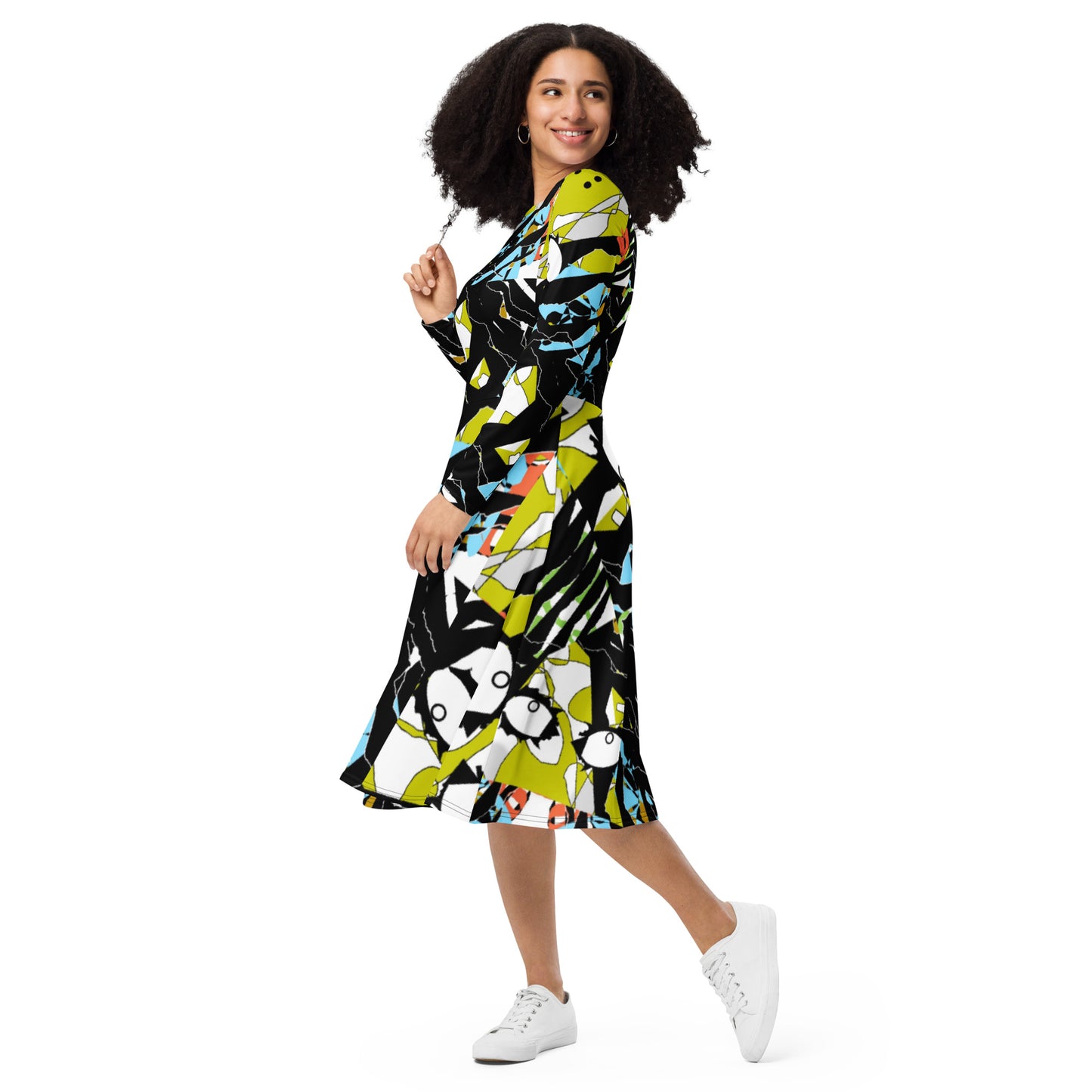 All-over print long sleeve midi dress