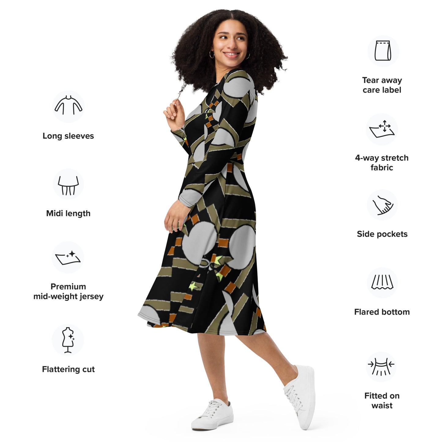 All-over print long sleeve midi dress