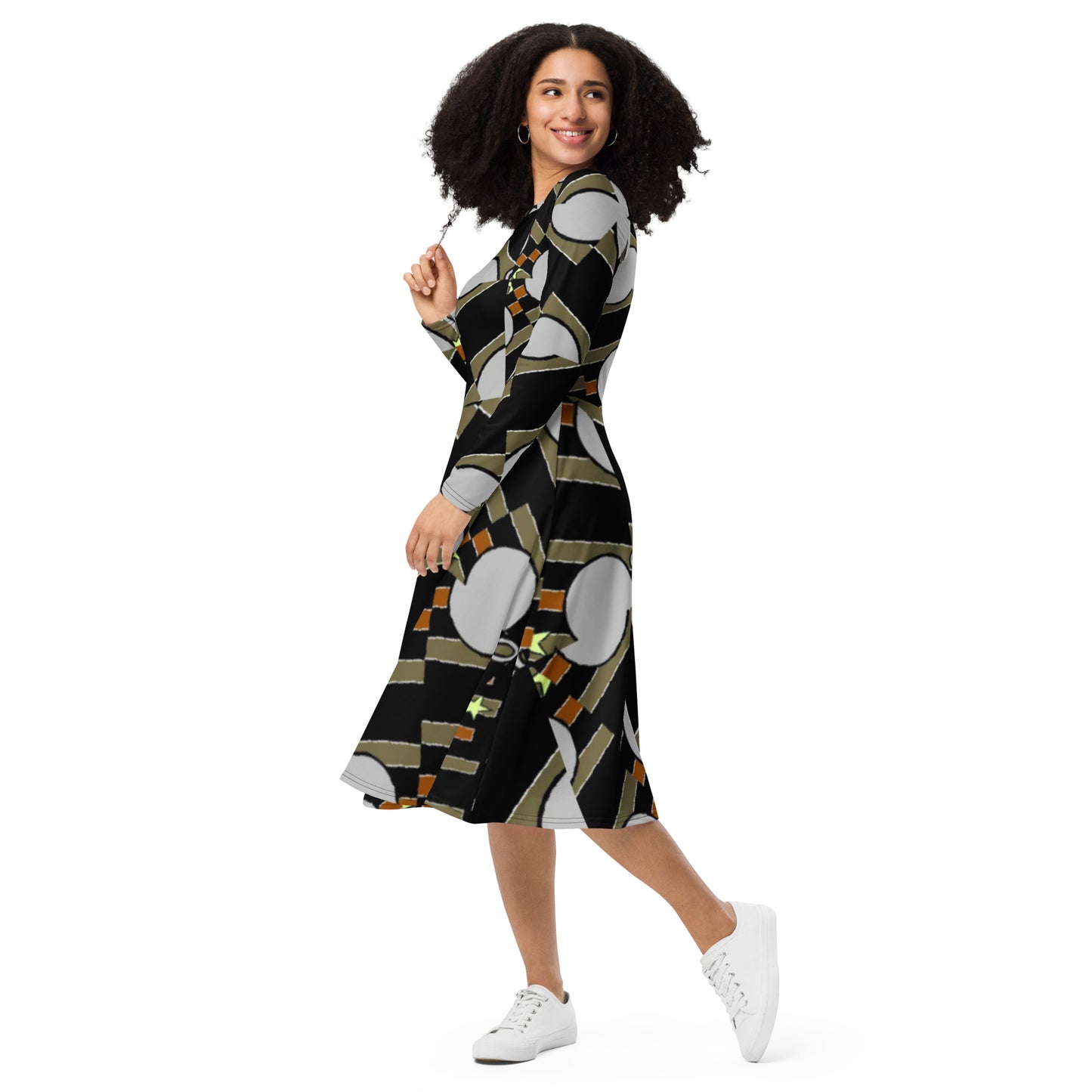 All-over print long sleeve midi dress