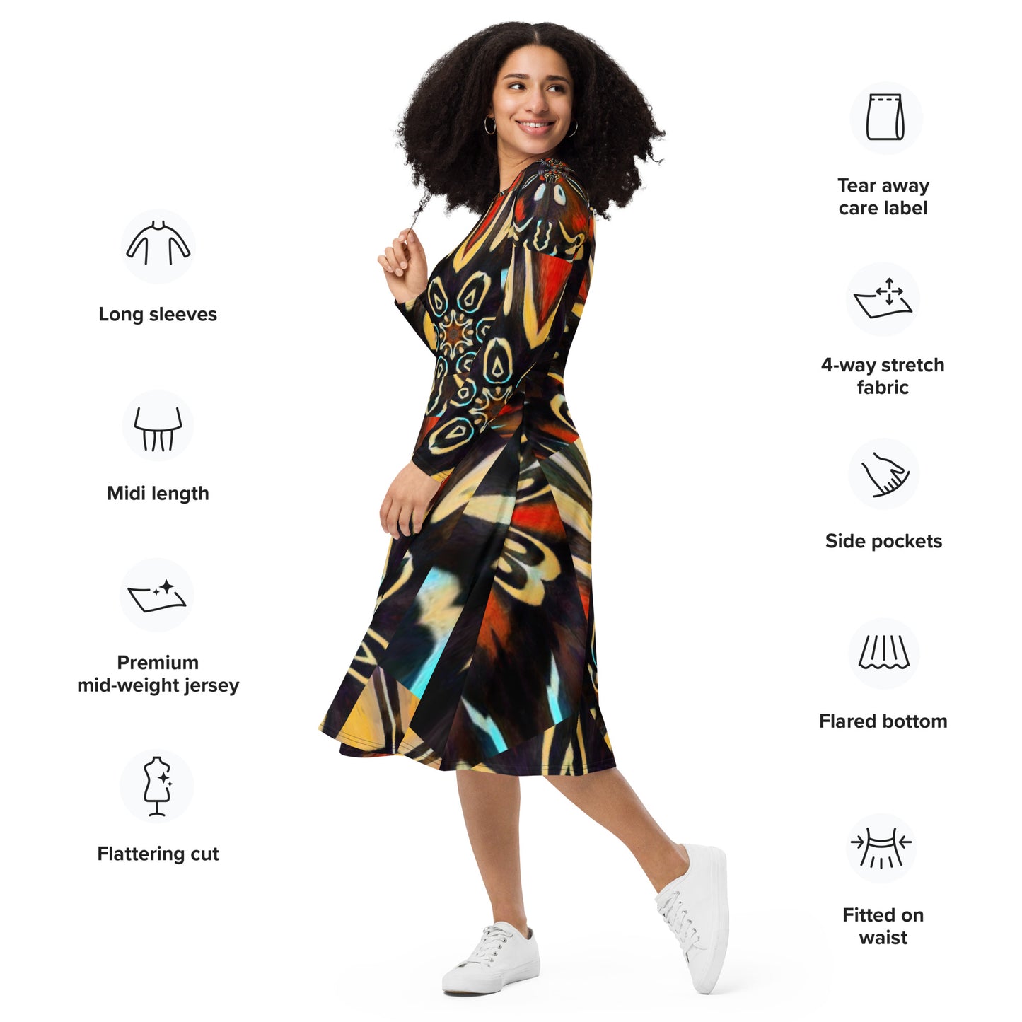 All-over print long sleeve midi dress