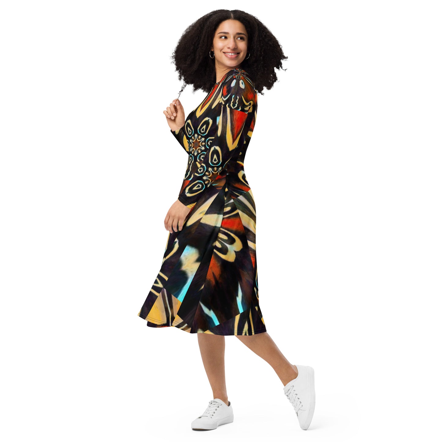 All-over print long sleeve midi dress