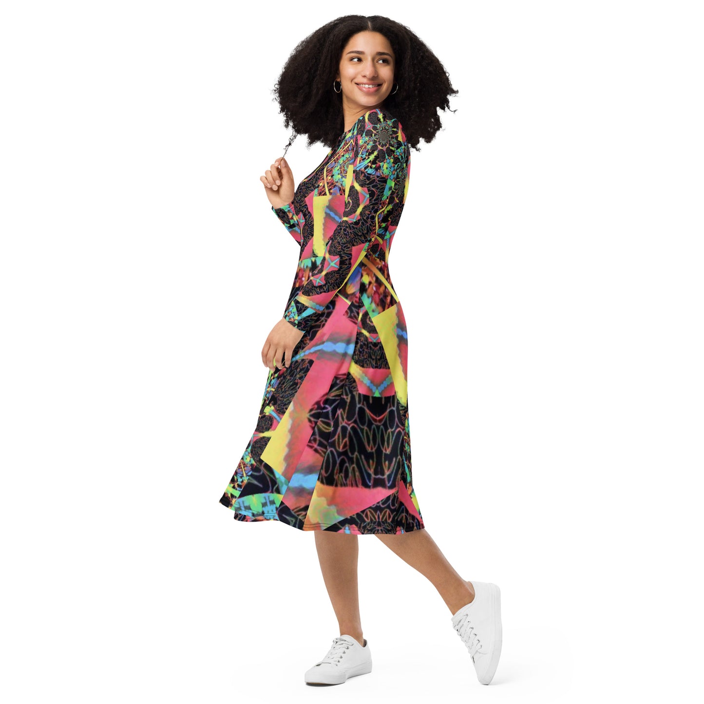 All-over print long sleeve midi dress