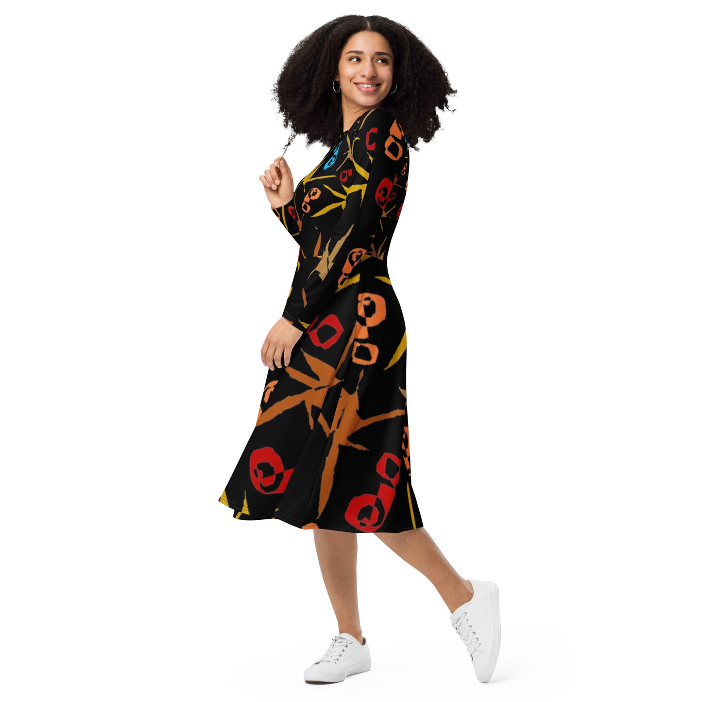 All-over print long sleeve midi dress