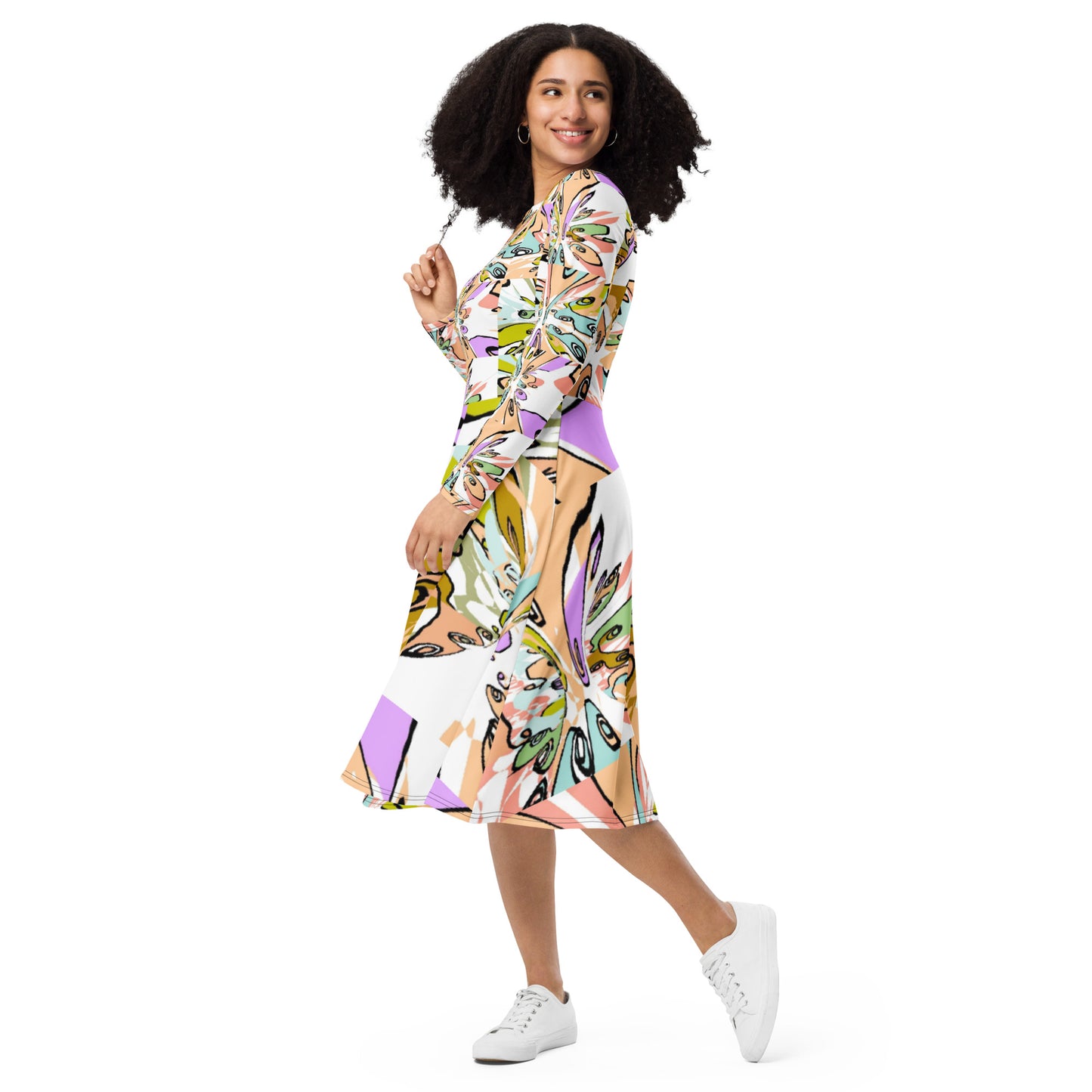 All-over print long sleeve midi dress