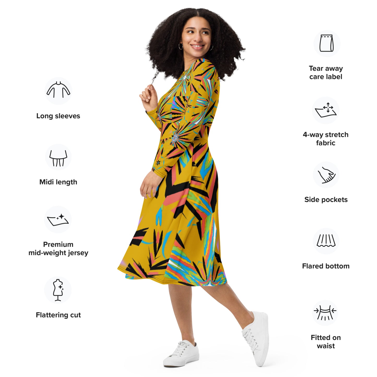 All-over print long sleeve midi dress