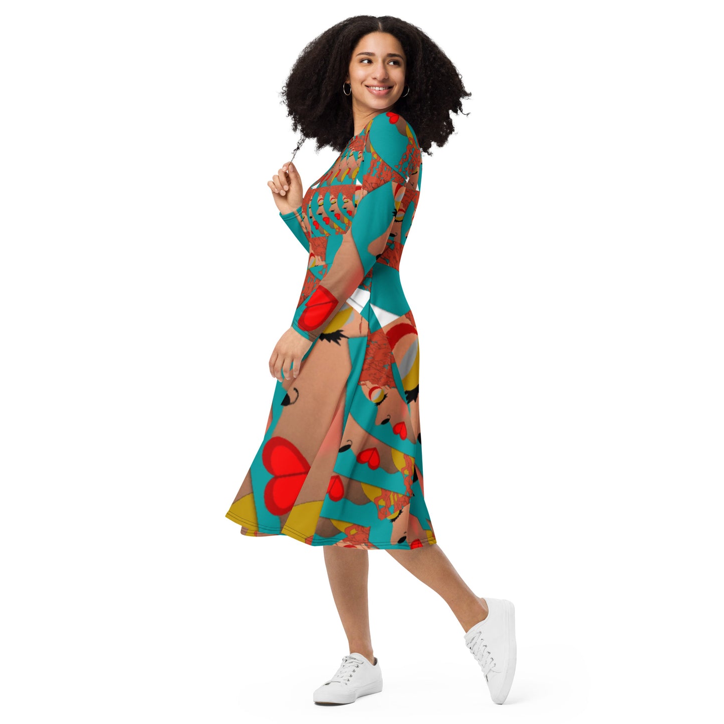 All-over print long sleeve midi dress