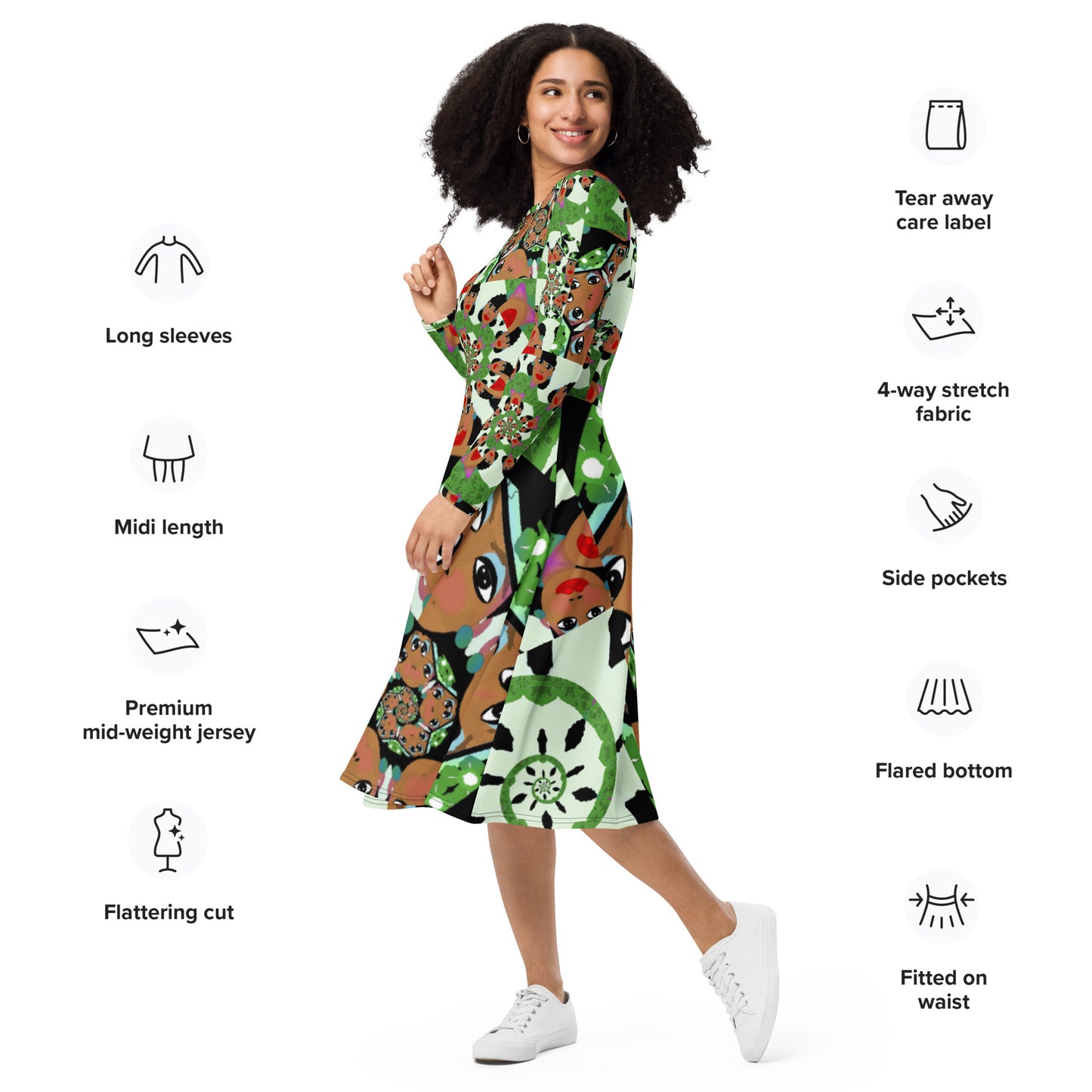 All-over print long sleeve midi dress