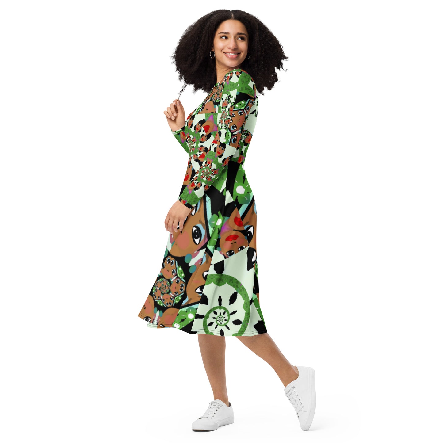 All-over print long sleeve midi dress