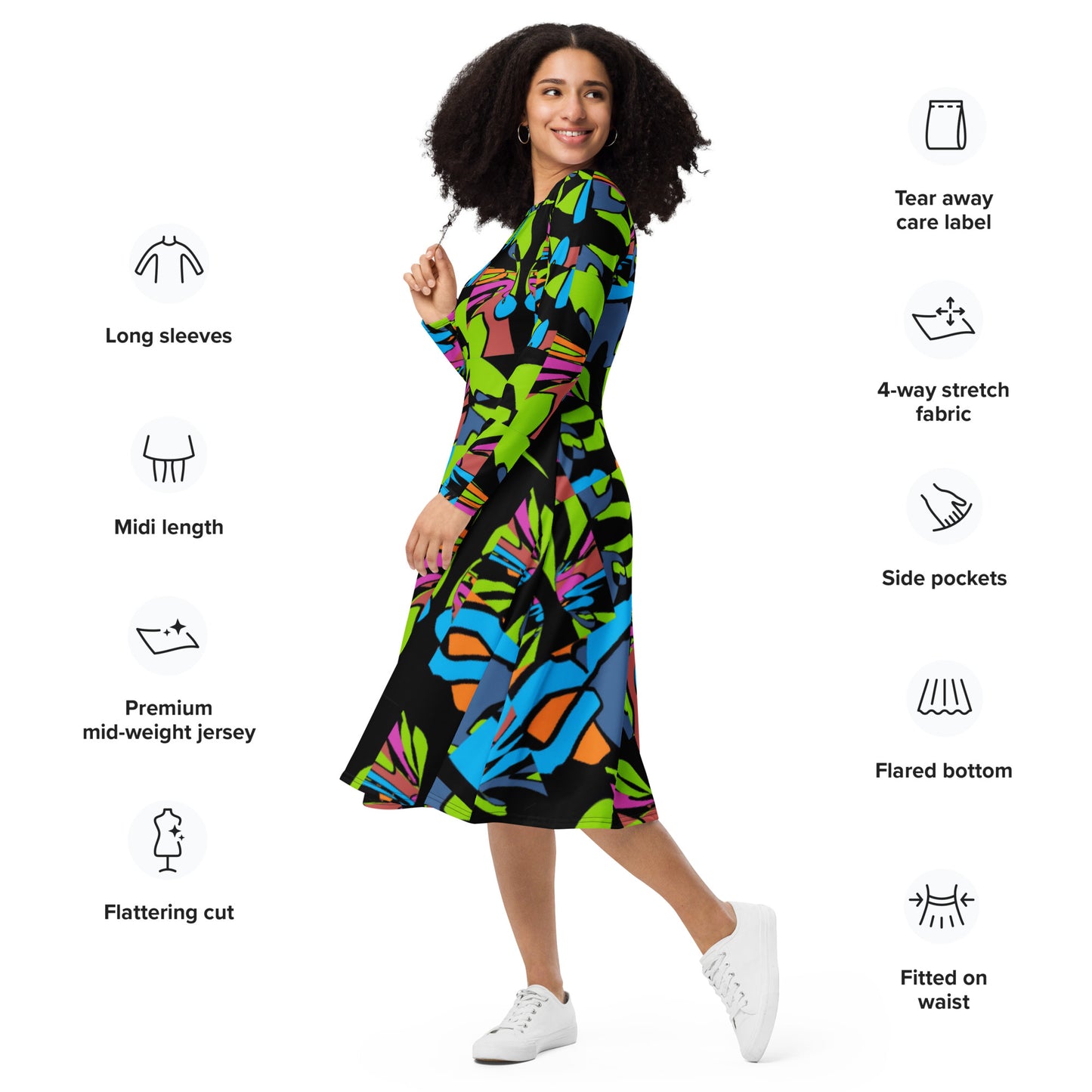 All-over print long sleeve midi dress