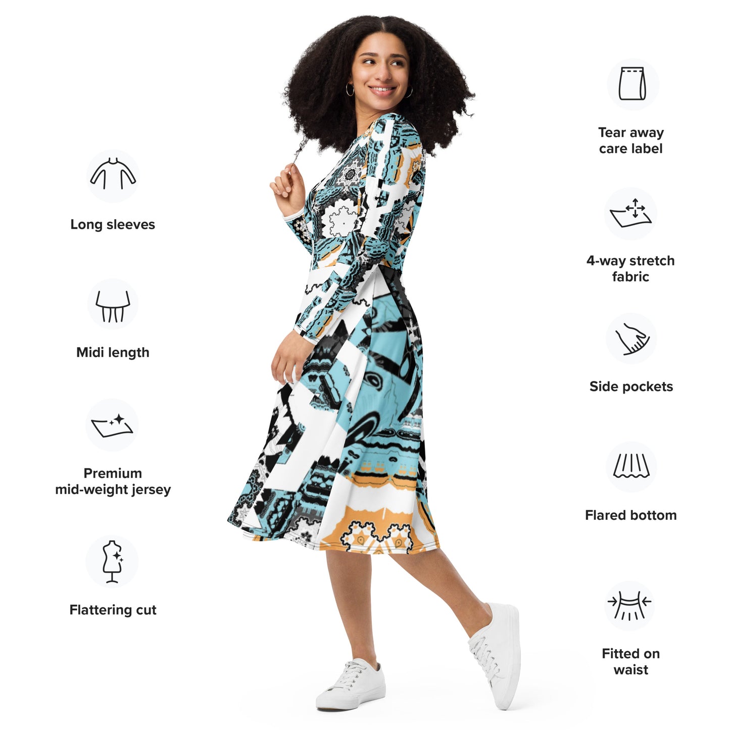 All-over print long sleeve midi dress