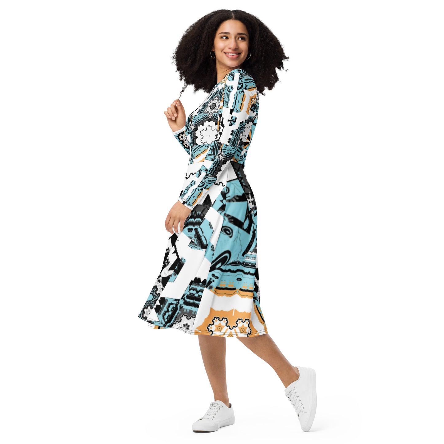 All-over print long sleeve midi dress