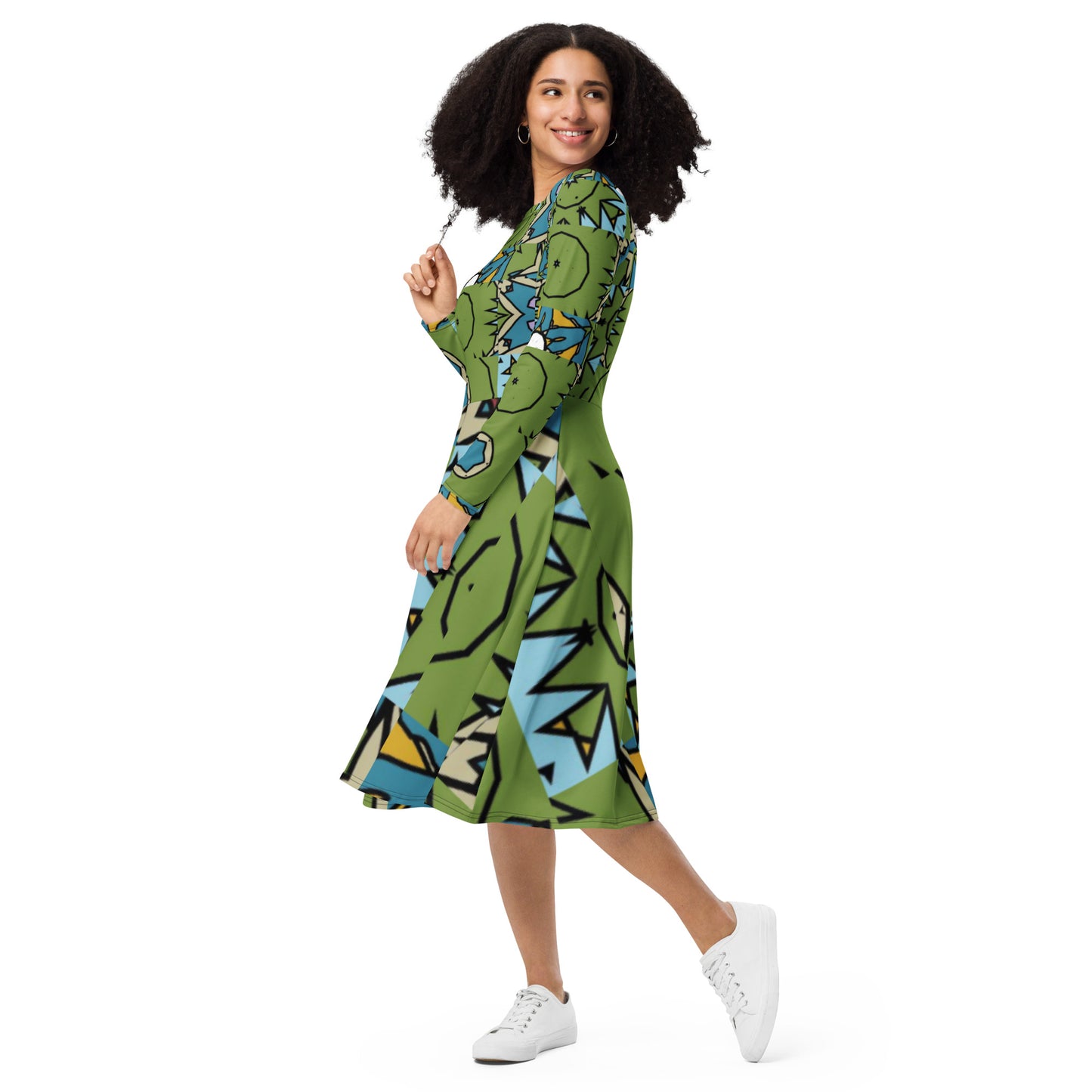 All-over print long sleeve midi dress