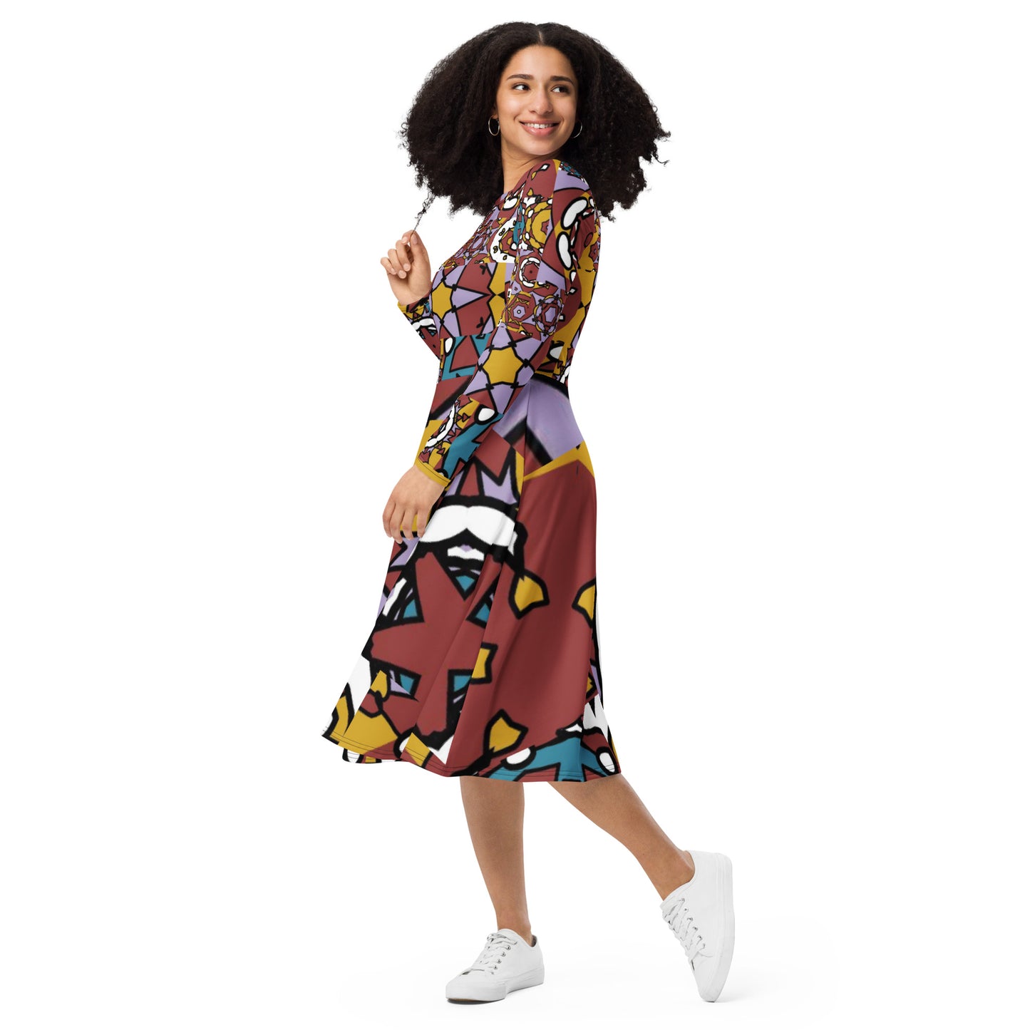 All-over print long sleeve midi dress