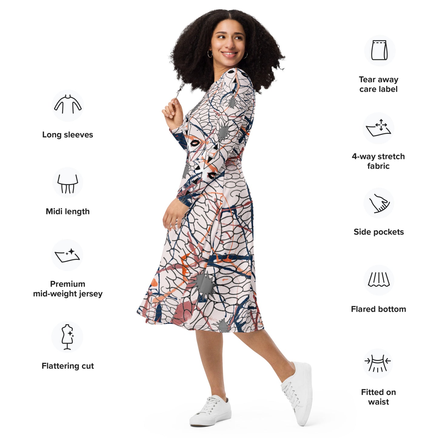 All-over print long sleeve midi dress