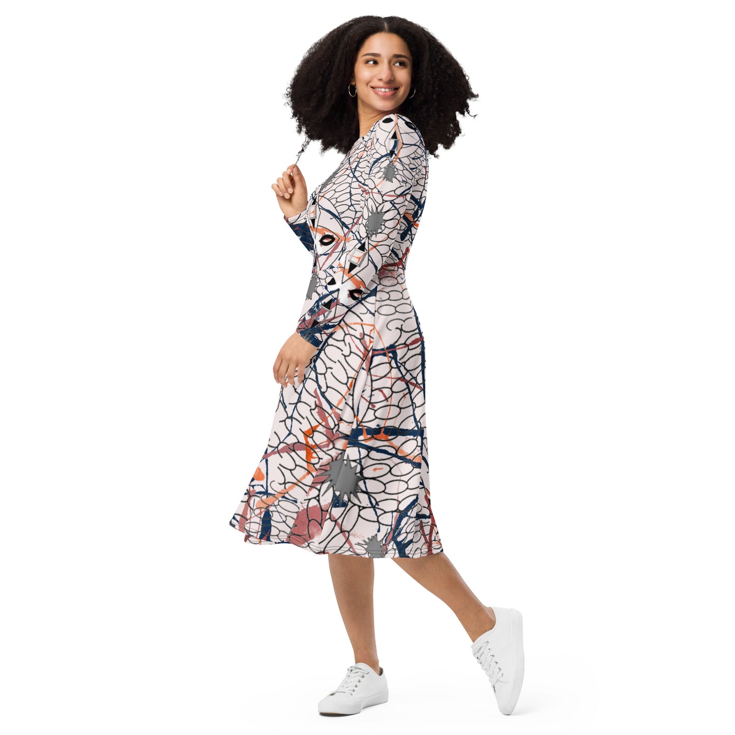 All-over print long sleeve midi dress