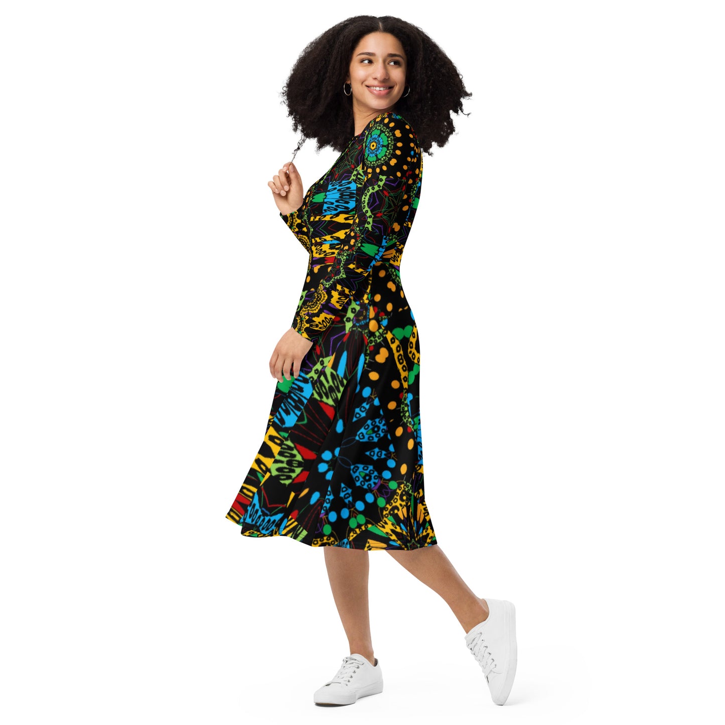 All-over print long sleeve midi dress