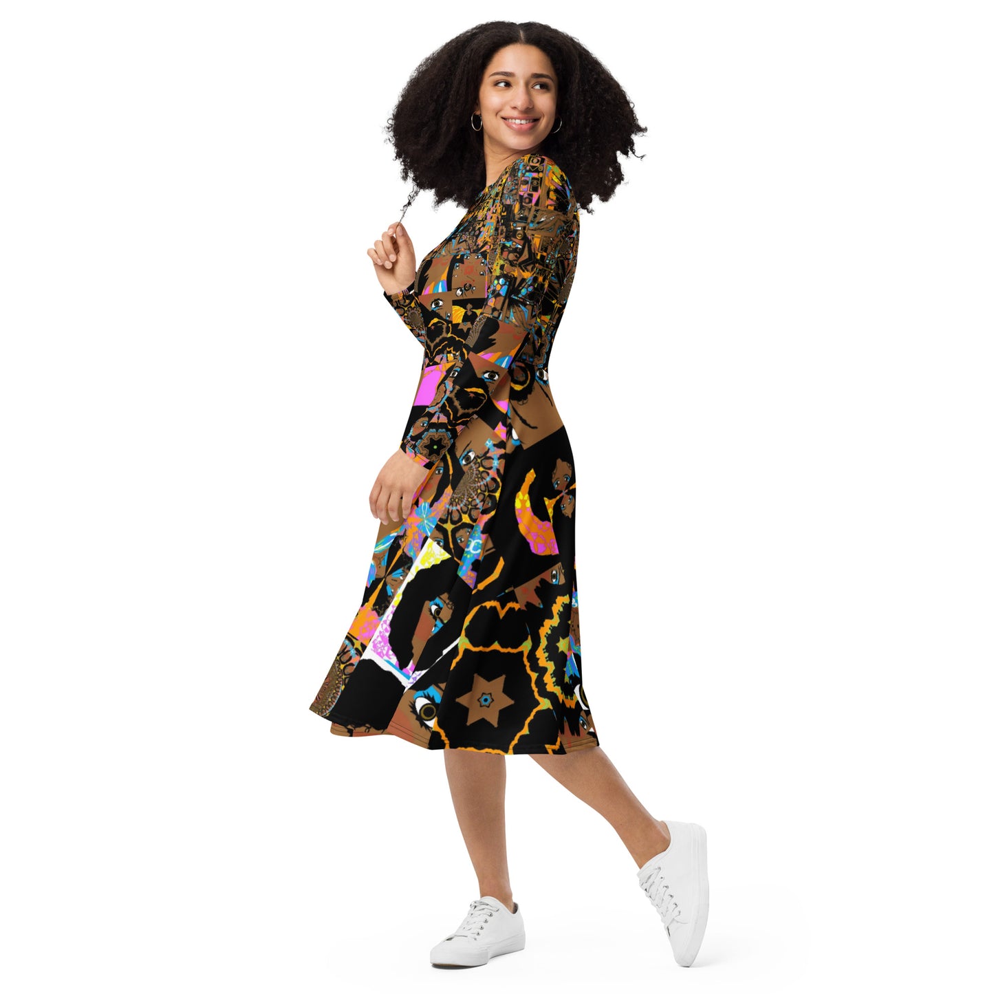 All-over print long sleeve midi dress