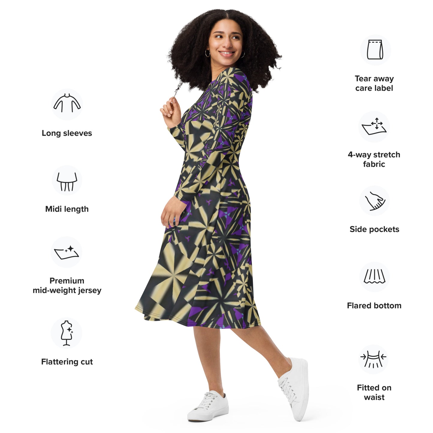 All-over print long sleeve midi dress