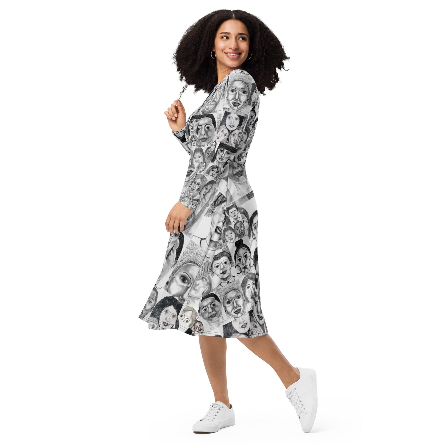 All-over print long sleeve midi dress