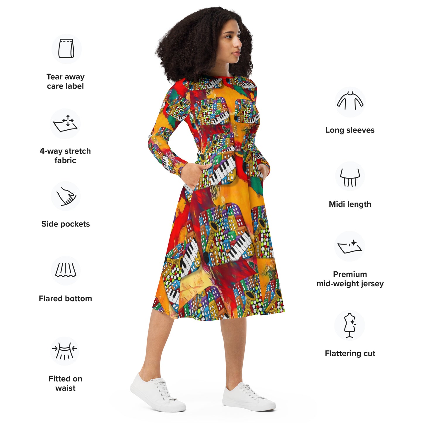 Sample All-over print long sleeve midi dress