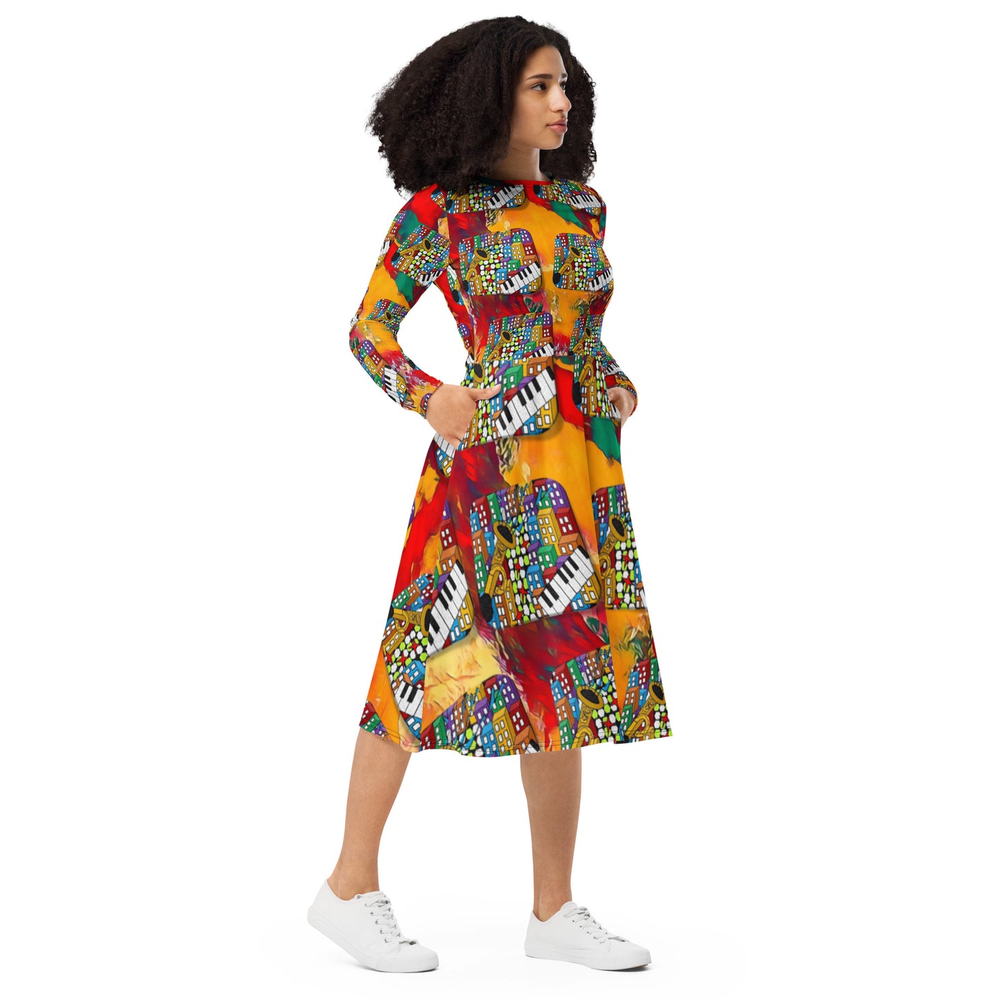 Sample All-over print long sleeve midi dress