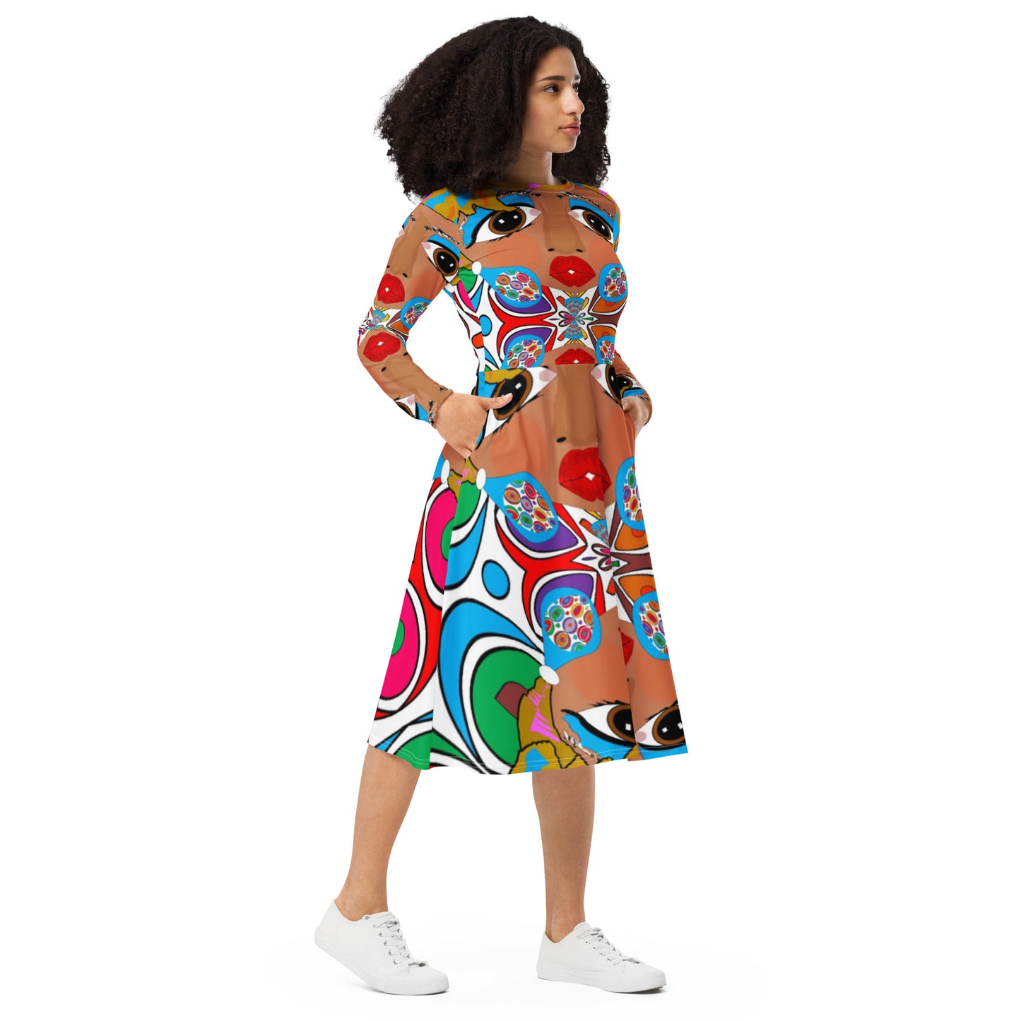 All-over print long sleeve midi dress