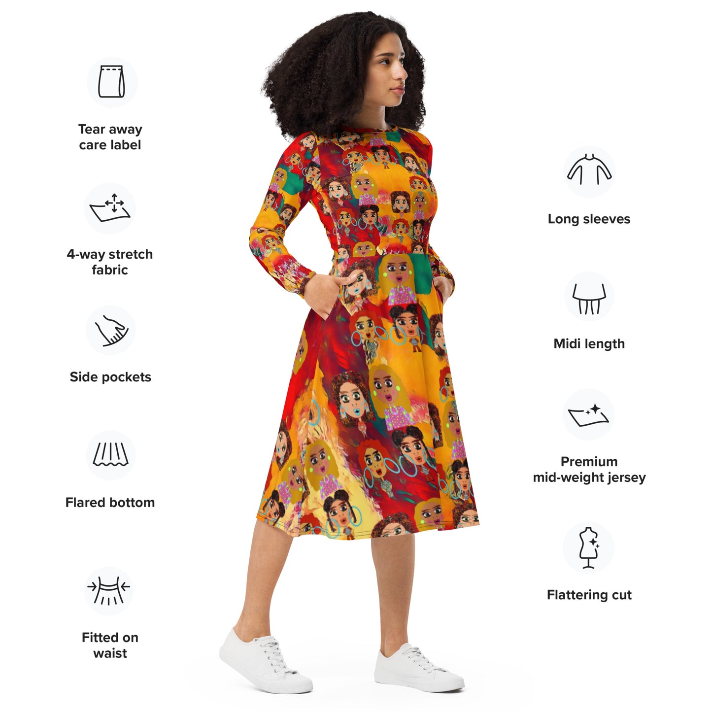 All-over print long sleeve midi dress