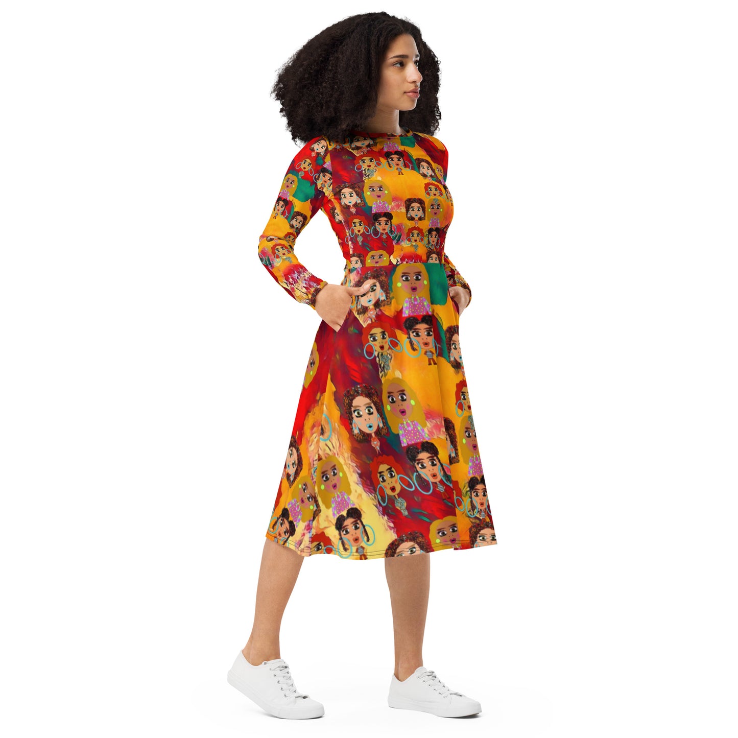 All-over print long sleeve midi dress