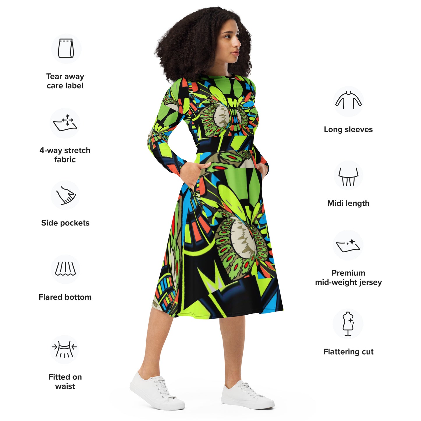 All-over print long sleeve midi dress