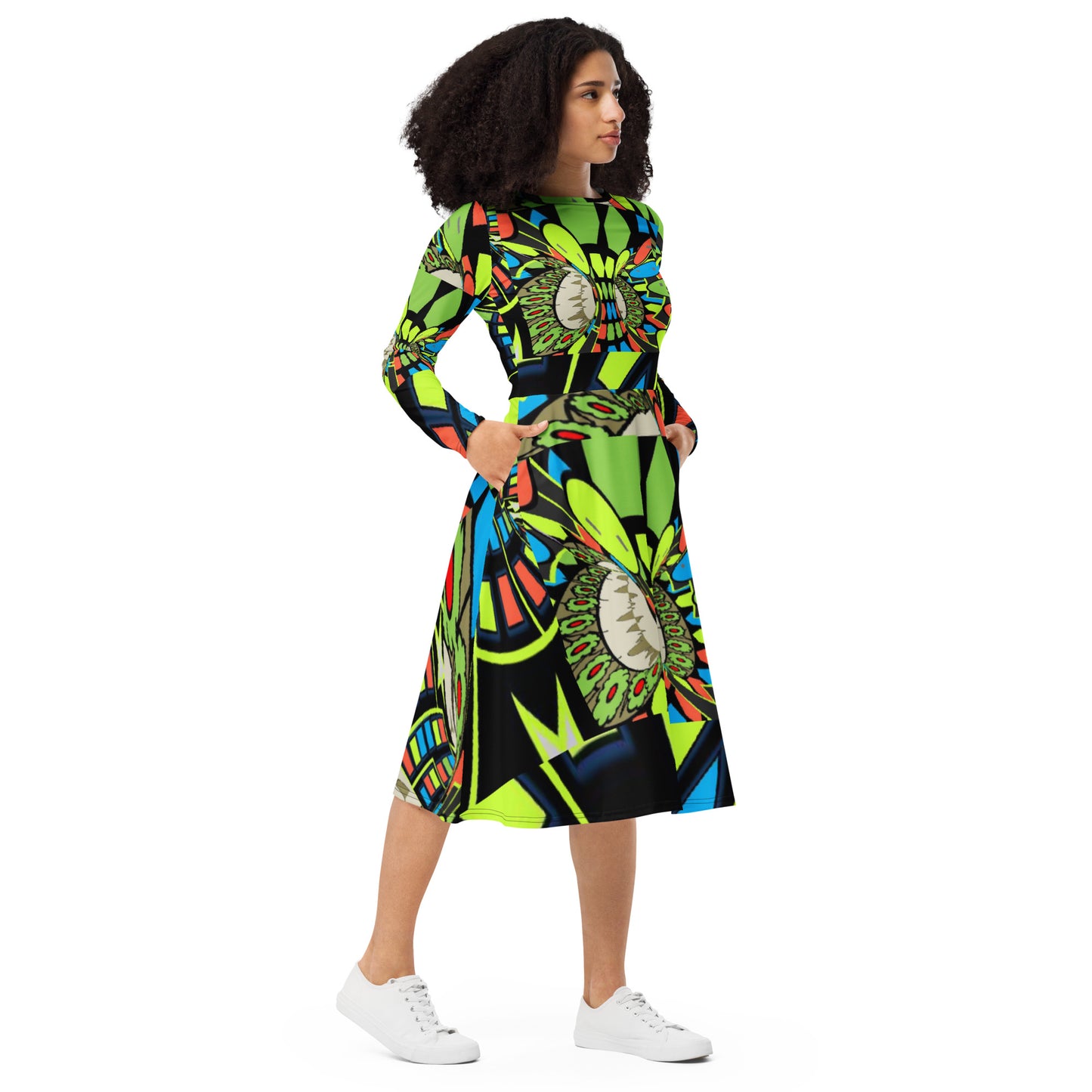 All-over print long sleeve midi dress