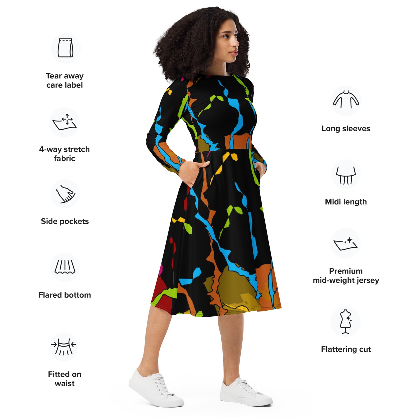 All-over print long sleeve midi dress