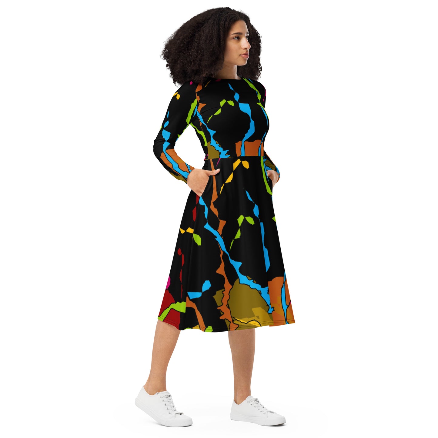 All-over print long sleeve midi dress