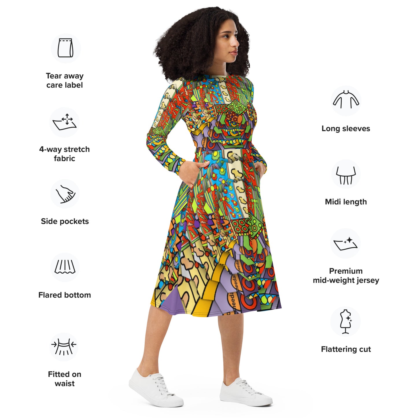 All-over print long sleeve midi dress