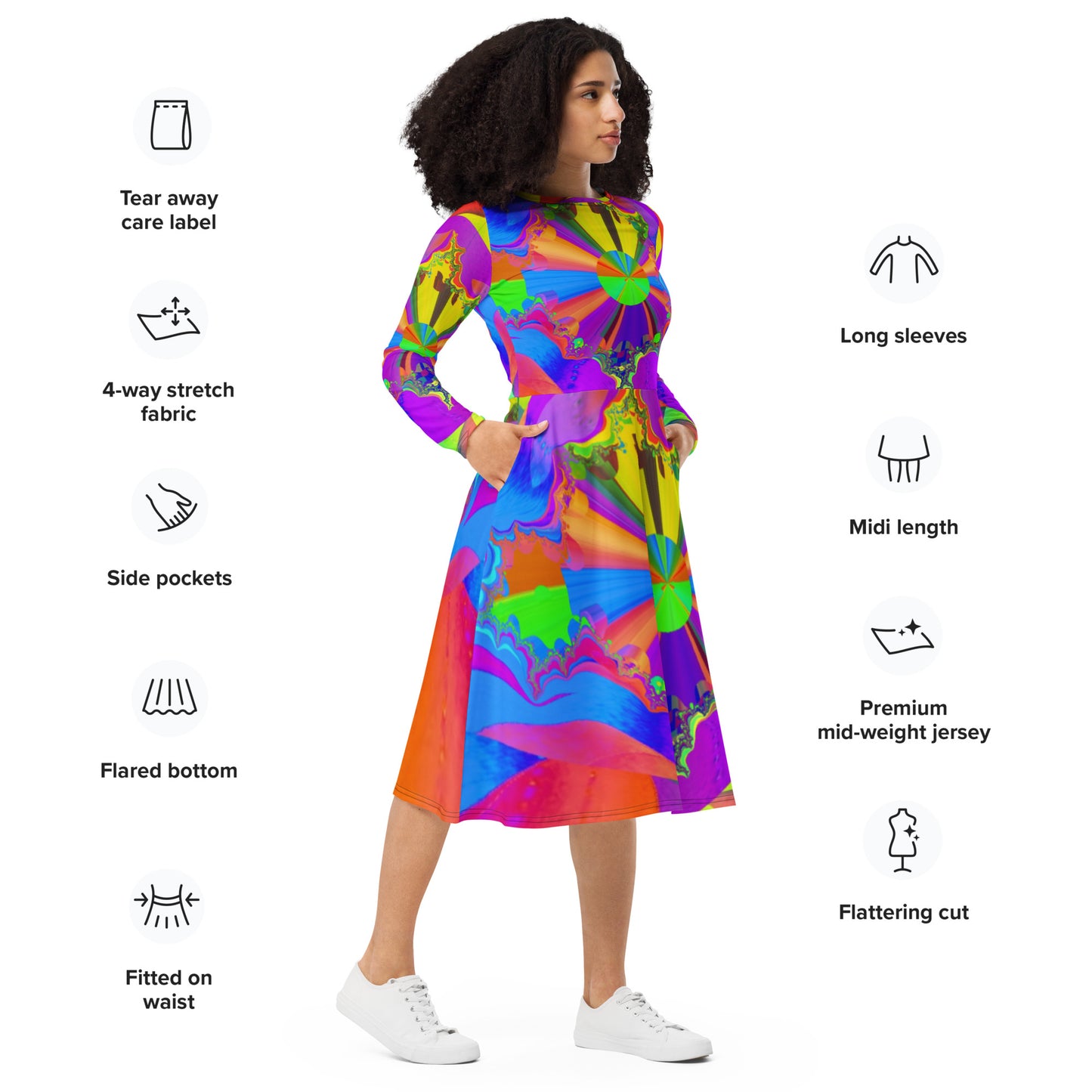 All-over print long sleeve midi dress