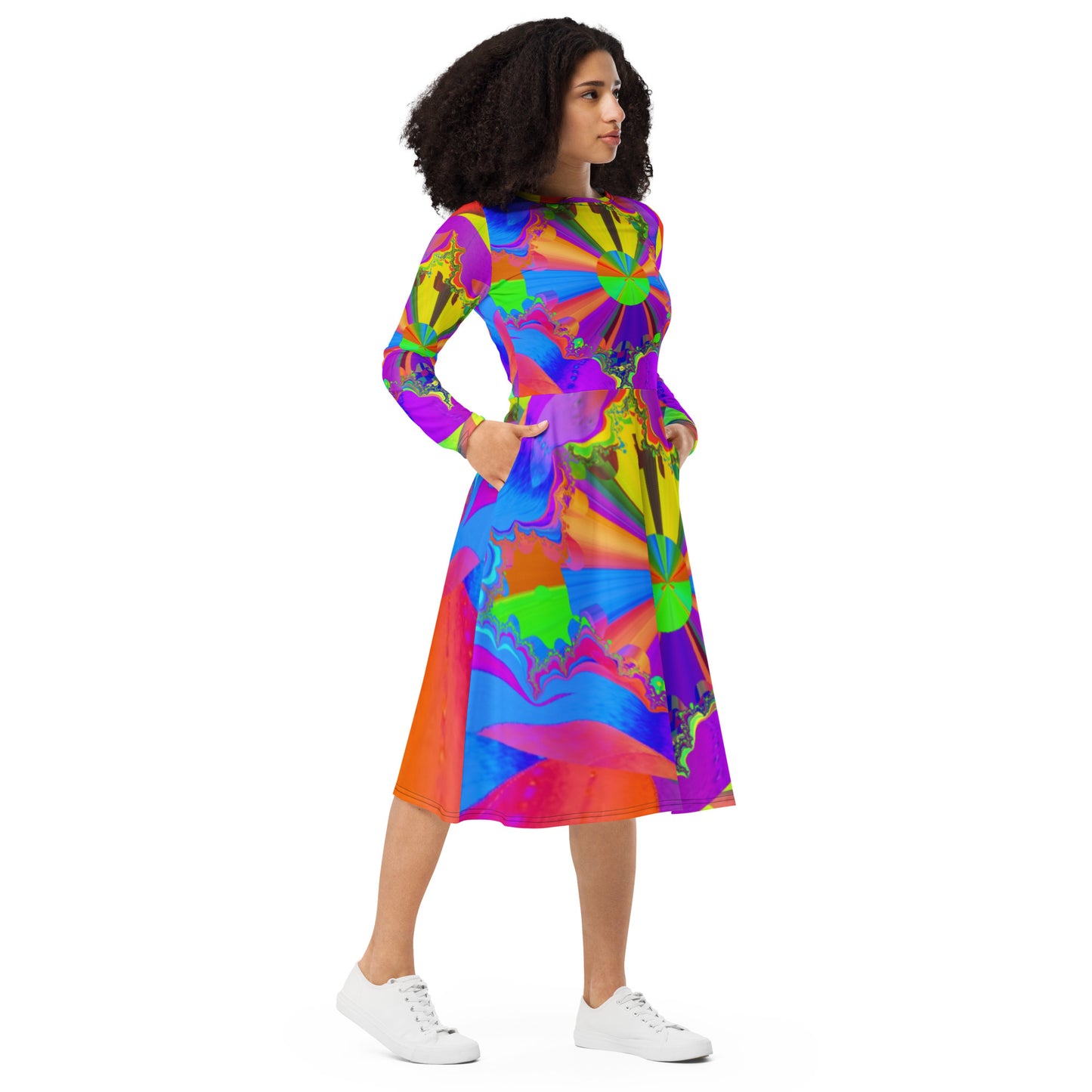 All-over print long sleeve midi dress