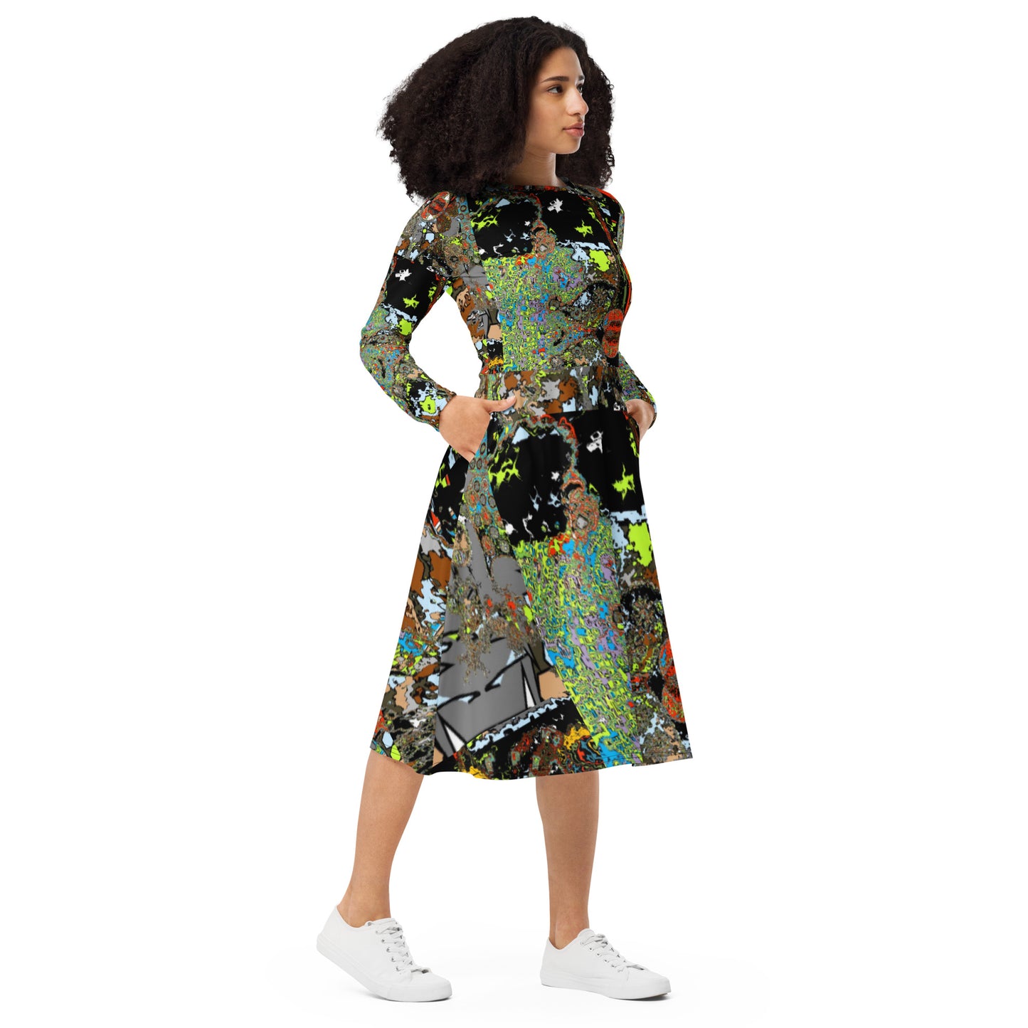 All-over print long sleeve midi dress