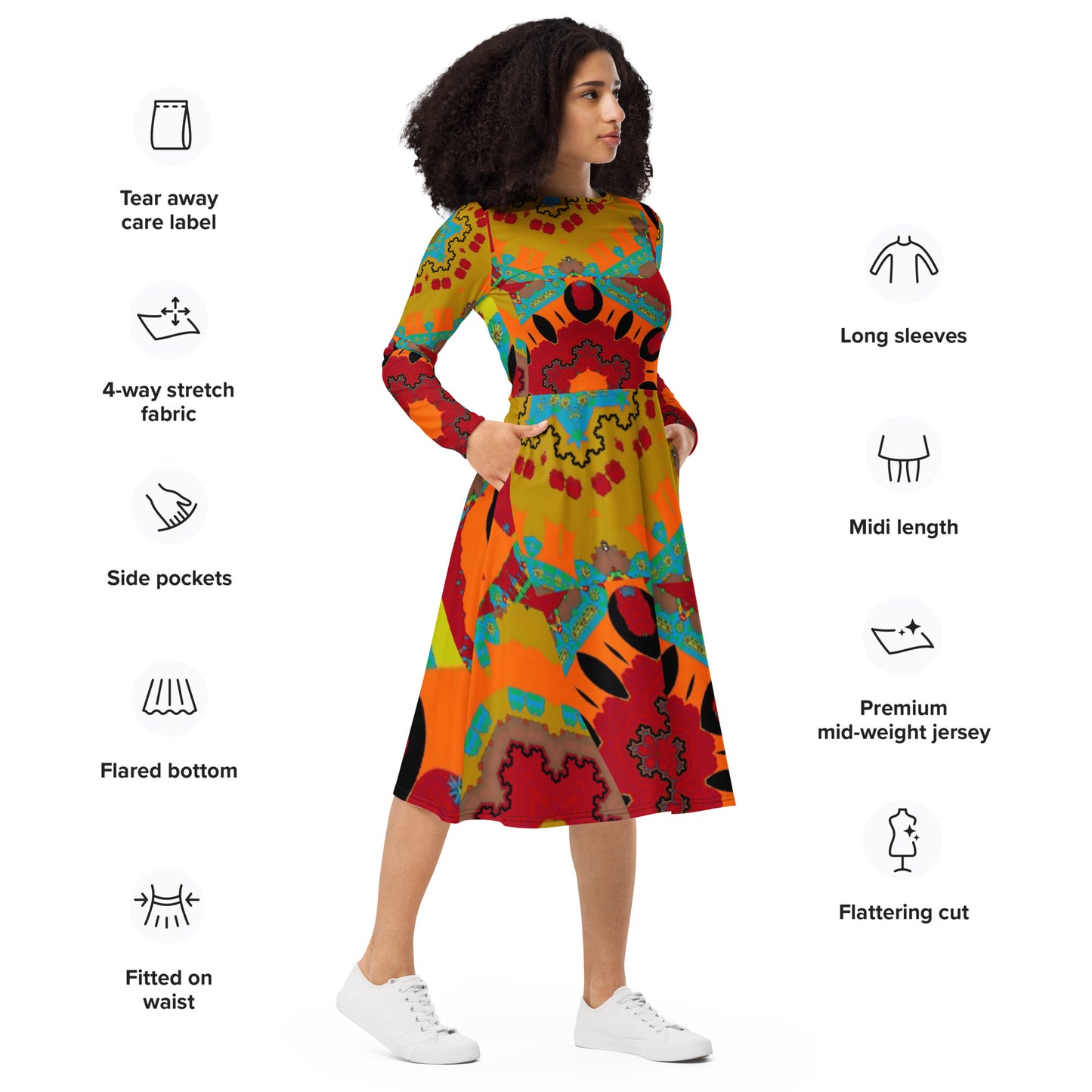 All-over print long sleeve midi dress