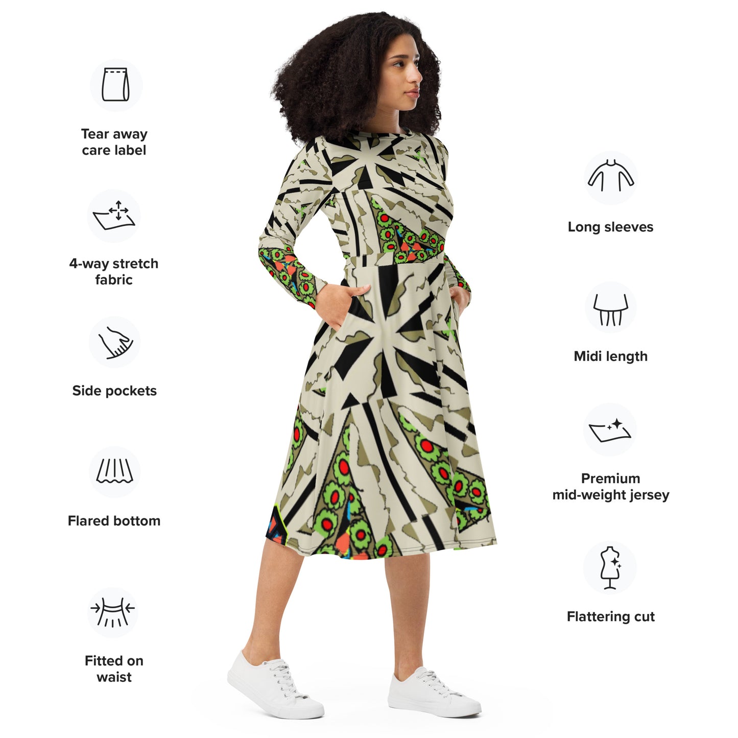 All-over print long sleeve midi dress