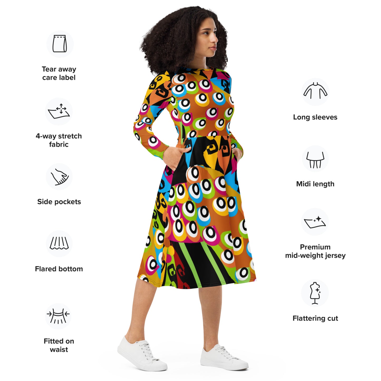 All-over print long sleeve midi dress