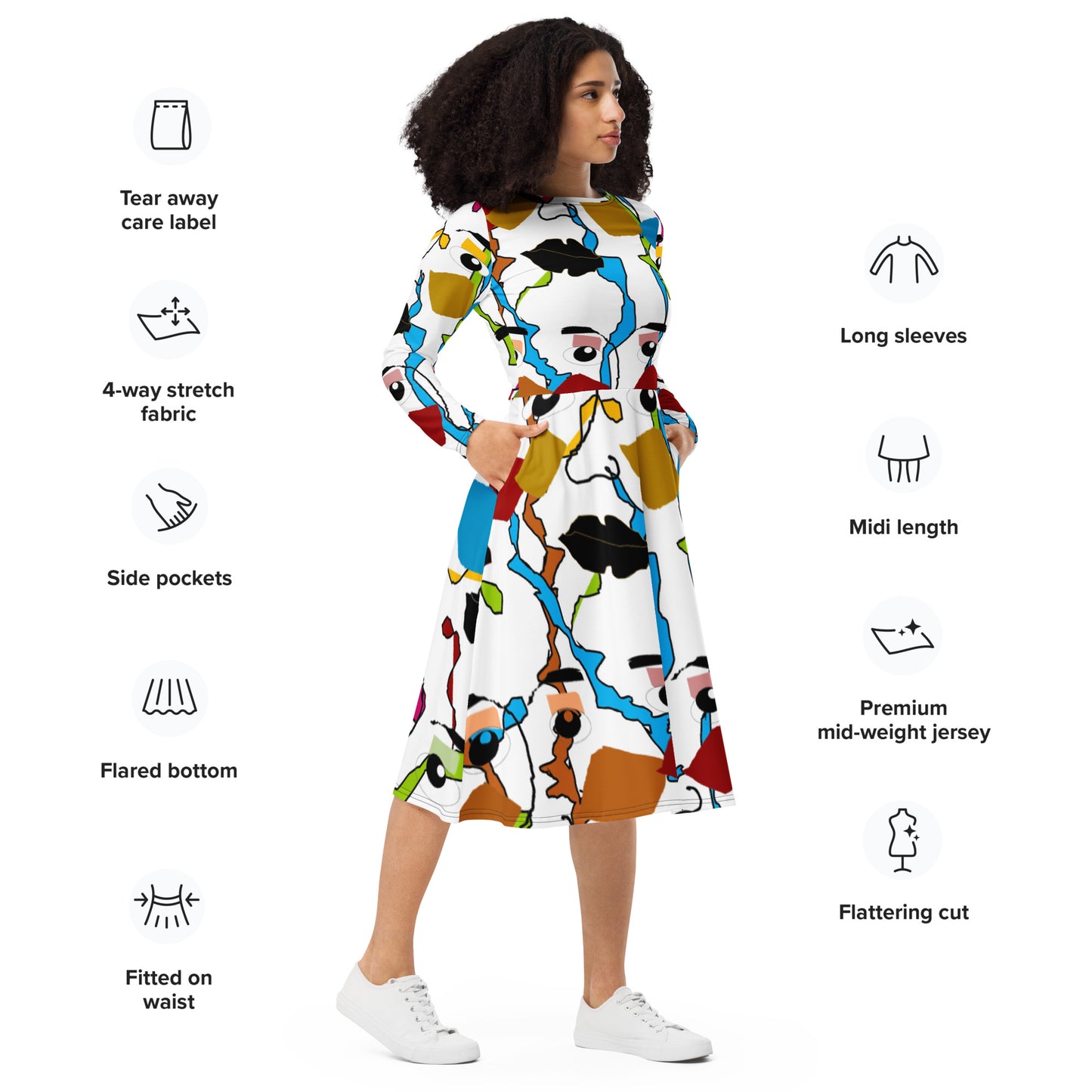 All-over print long sleeve midi dress