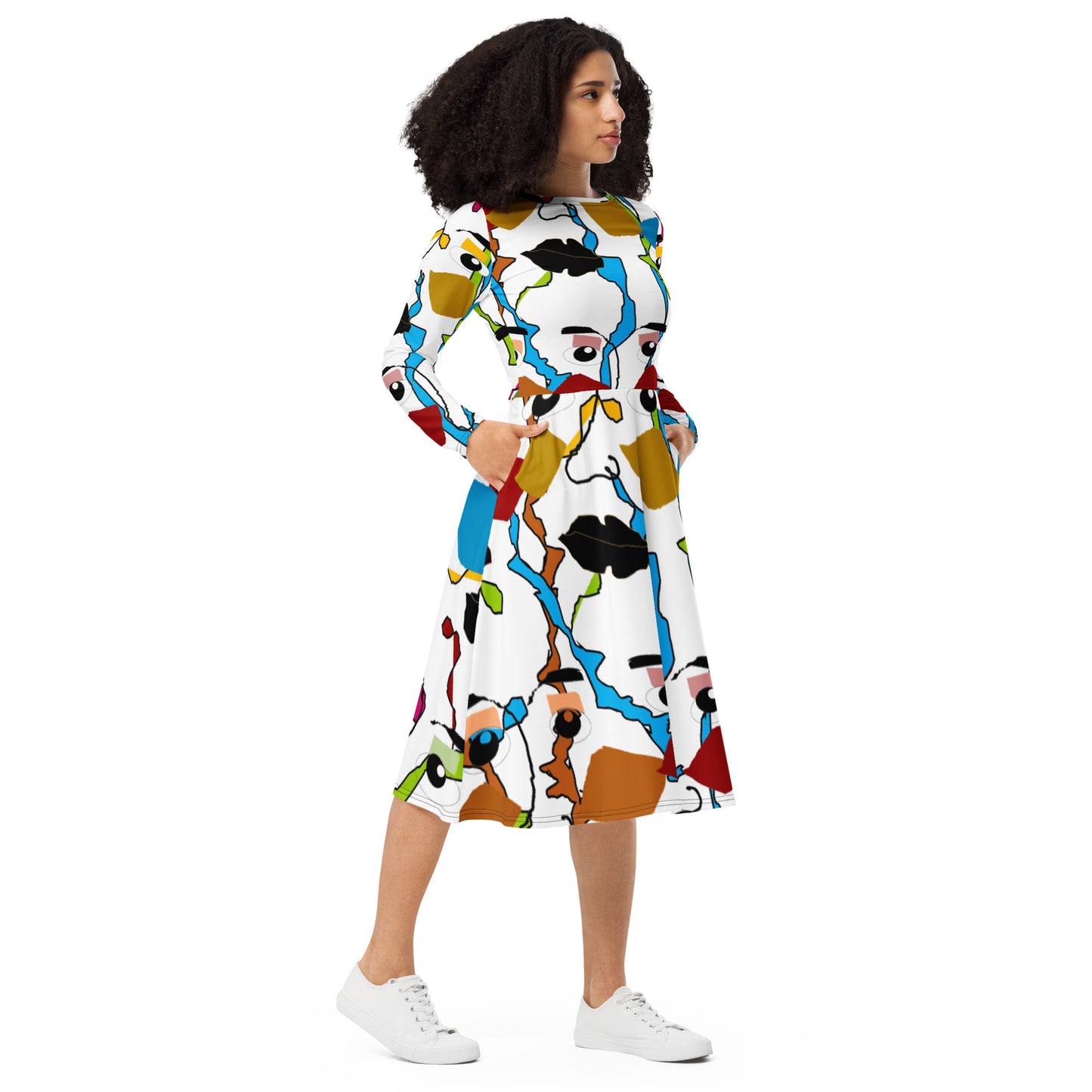 All-over print long sleeve midi dress