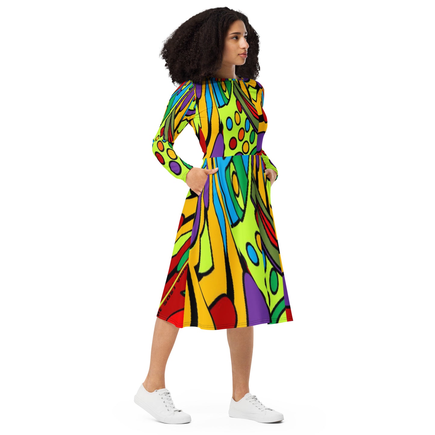 All-over print long sleeve midi dress