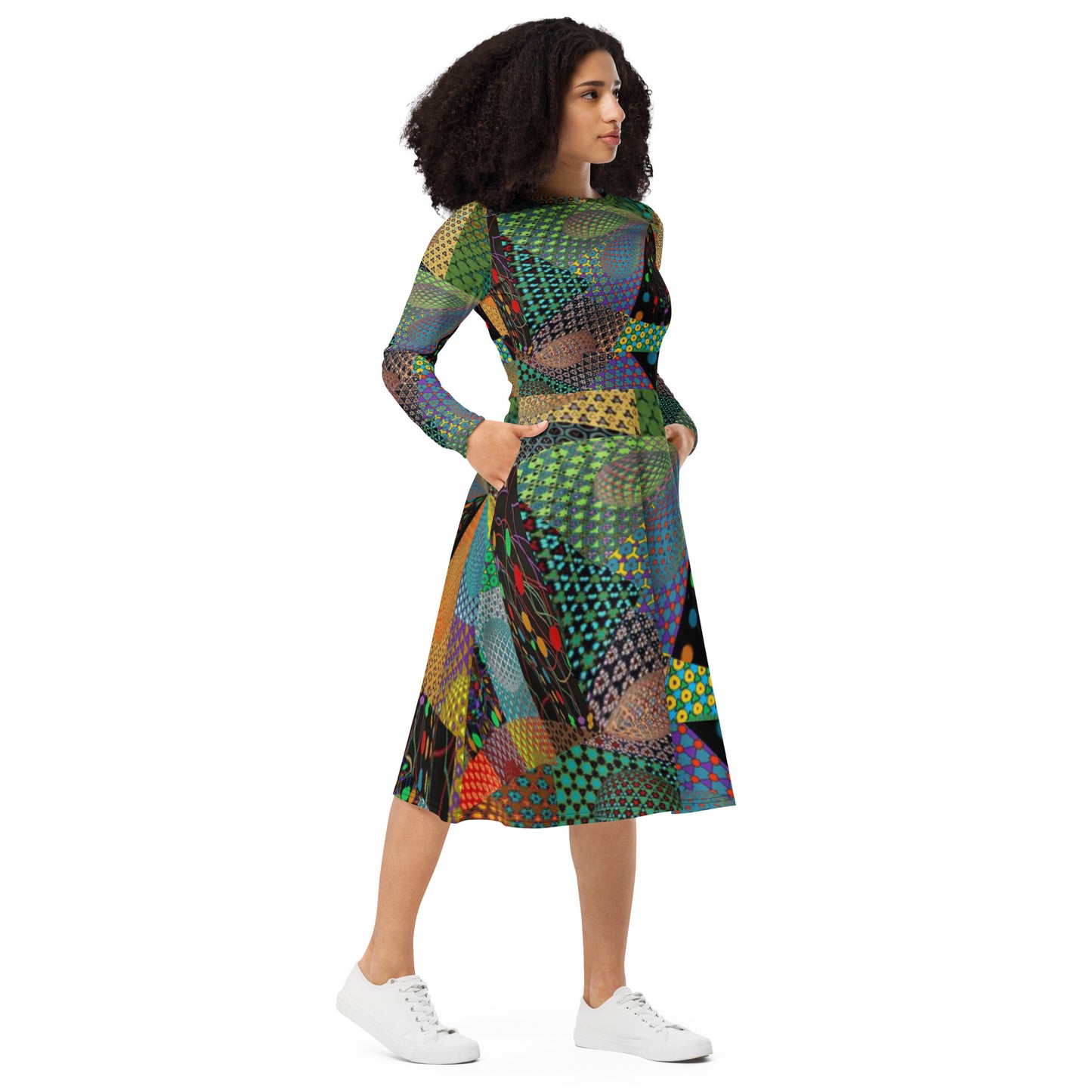 All-over print long sleeve midi dress