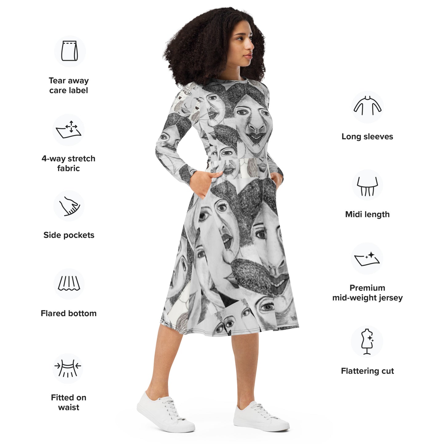 All-over print long sleeve midi dress