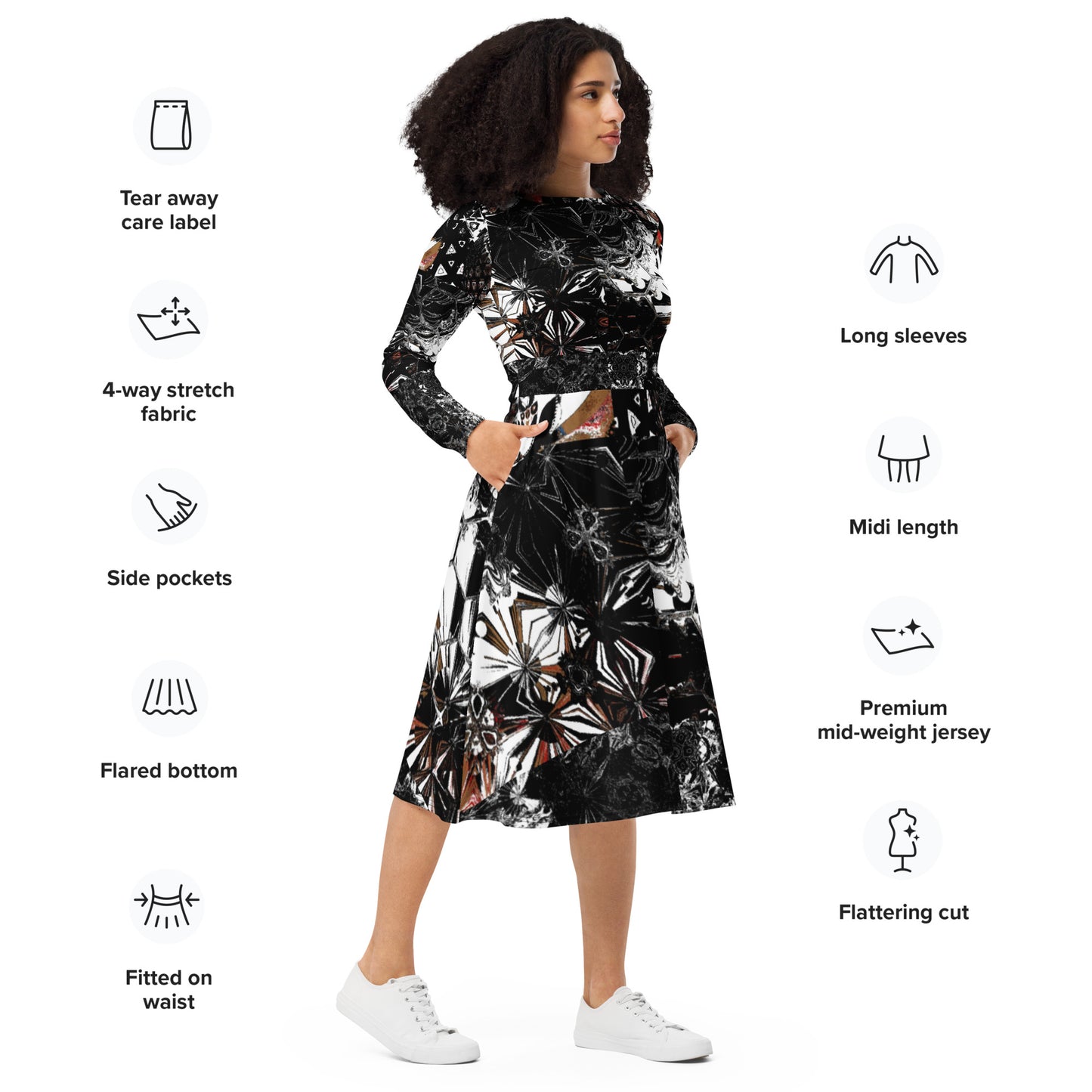 All-over print long sleeve midi dress