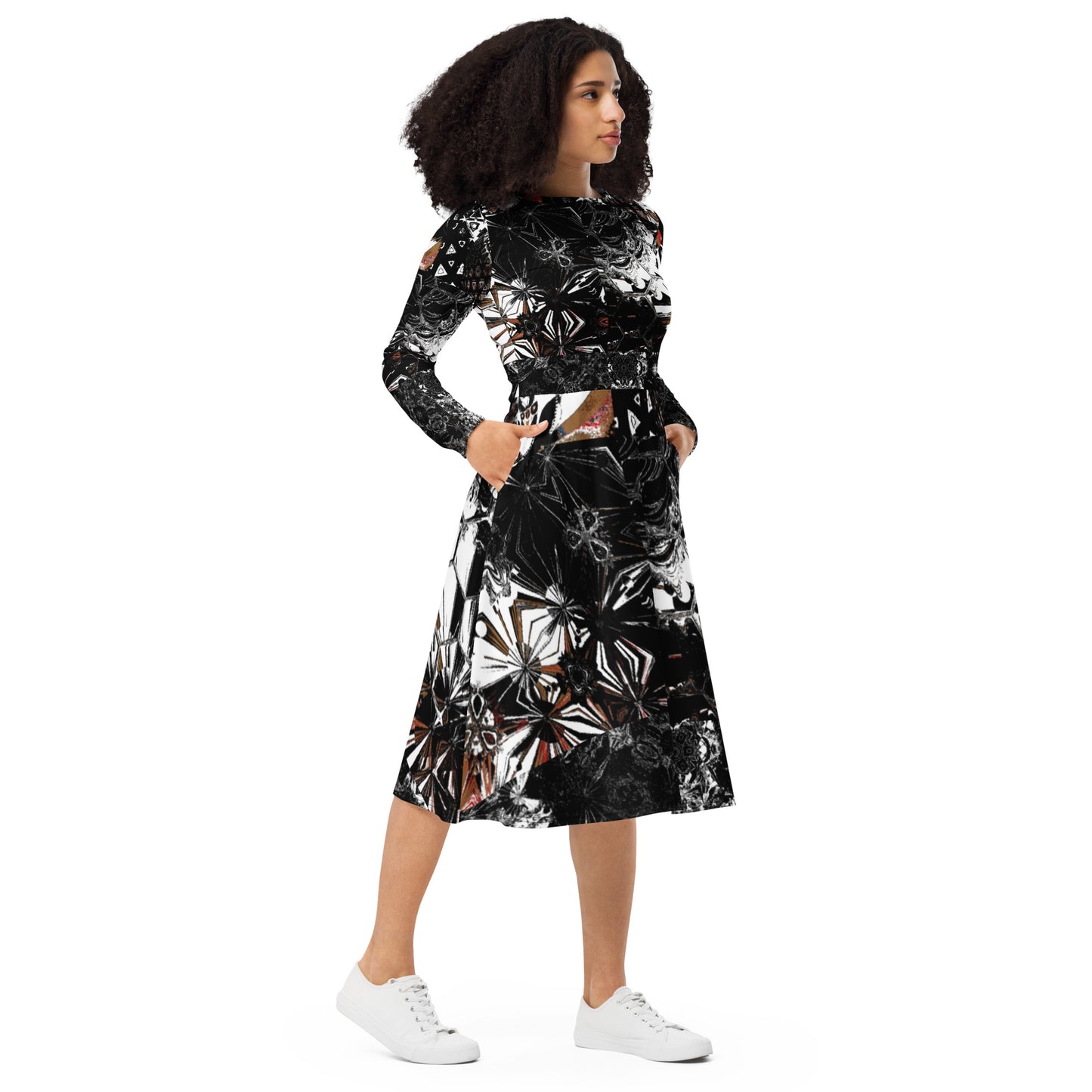 All-over print long sleeve midi dress