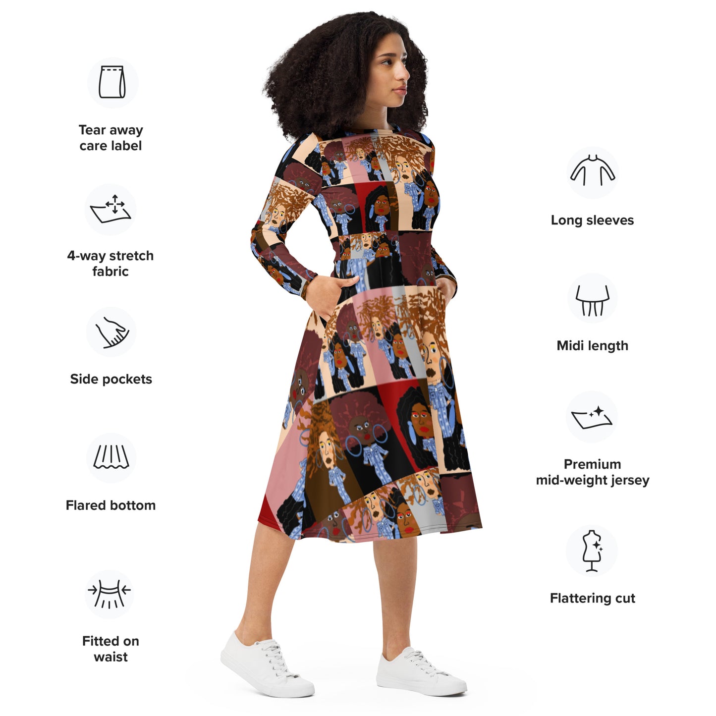 All-over print long sleeve midi dress