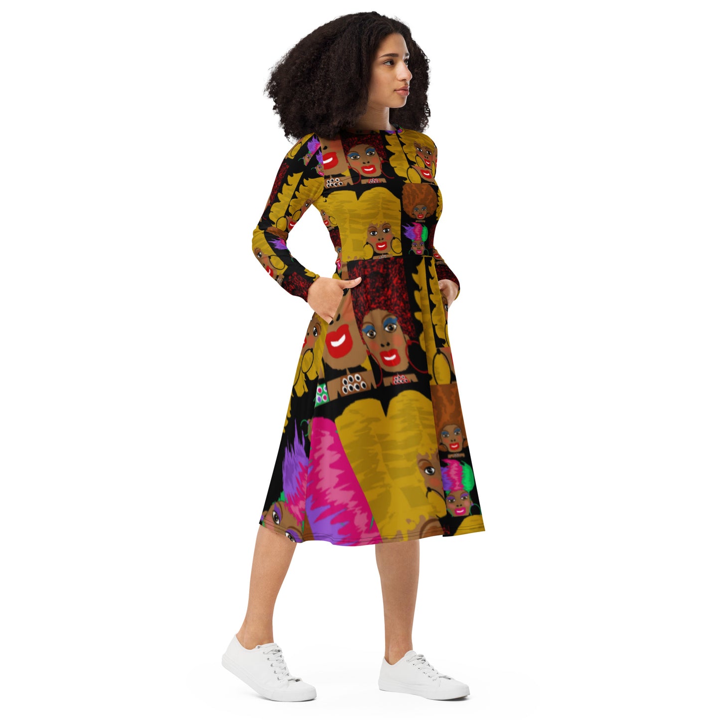 All-over print long sleeve midi dress