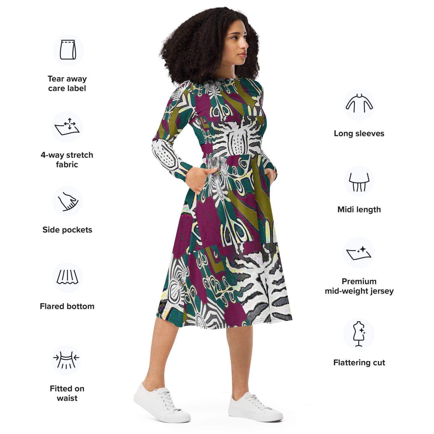 All-over print long sleeve midi dress